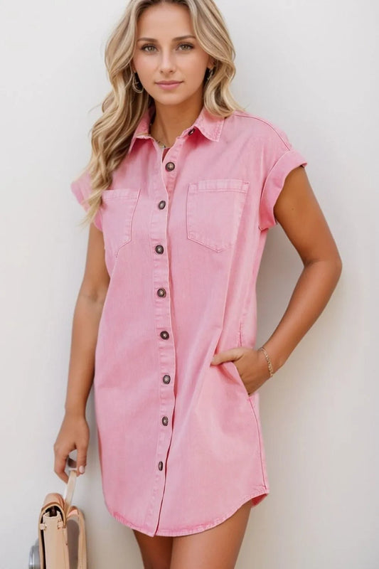 Button Down Short Sleeve Denim Dress – Blush Pink for Shopify Collective (1 view)
