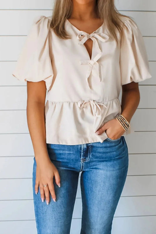 Bow Tie Short Puff Sleeve Ruffle Hem Blouse – Eggshell for Shopify Collective (2 view)