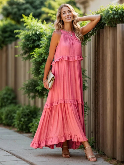 Ruffled Sleeveless Tiered Maxi Dress with Pockets – Watermelon pink for Shopify Collective (4 view)