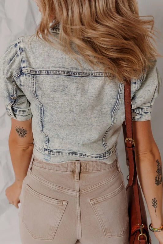 Wash Buttoned Chest Pocket Puff Sleeve Denim Jacket – Medium for Shopify Collective (2 view)
