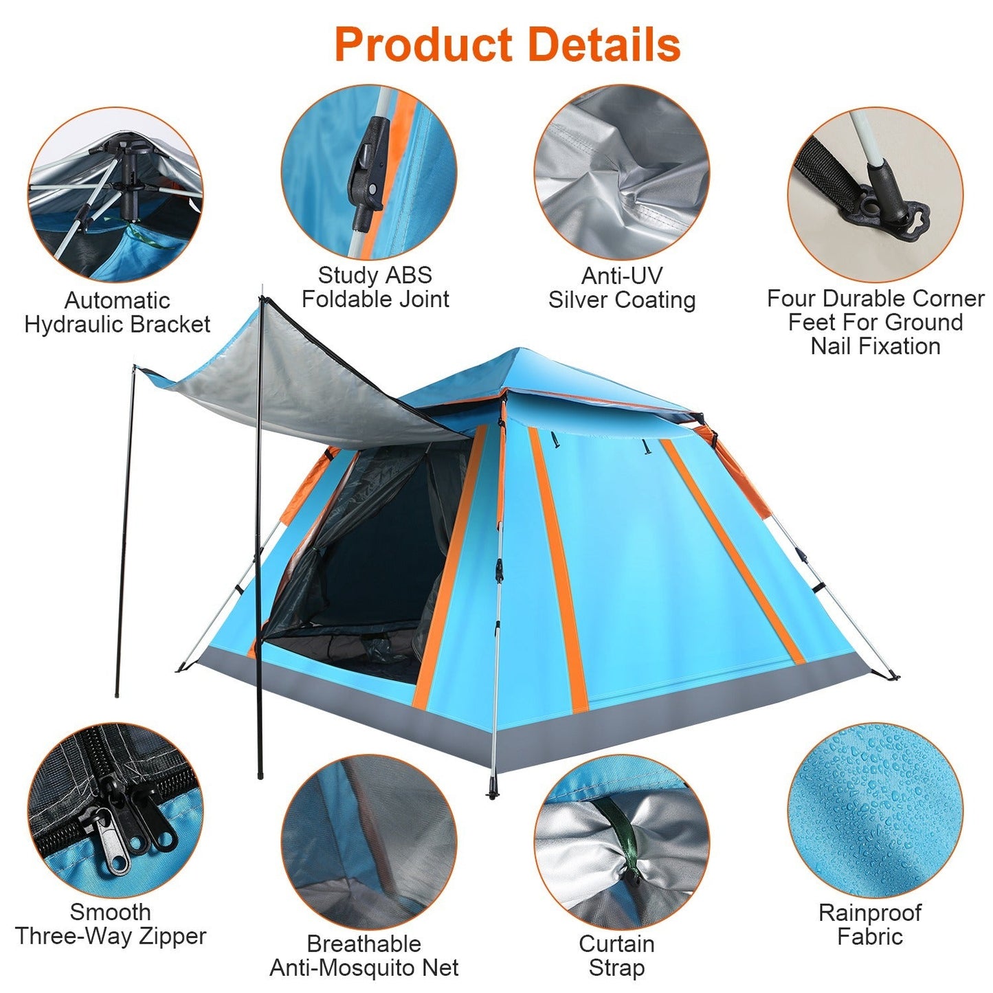 4–5 Person Camping Tent (7.05×7.05×4.46 ft) – Fast Setup, Mosquito - Net Windows, Carry Bag – Blue Camping Gear for 4 - 5 Person (10 view)