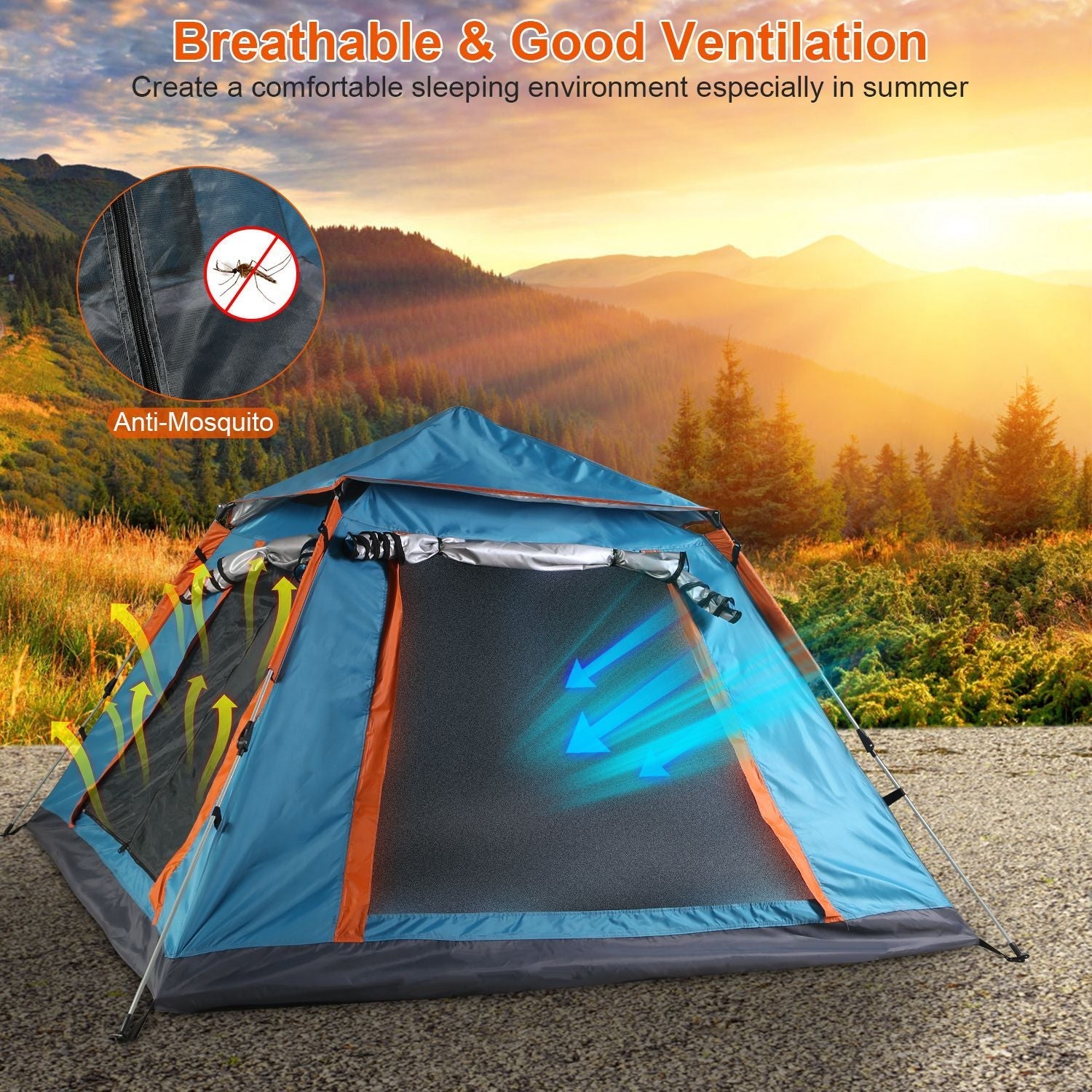 4–5 Person Camping Tent (7.05×7.05×4.46 ft) – Fast Setup, Mosquito - Net Windows, Carry Bag – Blue Camping Gear for 4 - 5 Person (9 view)