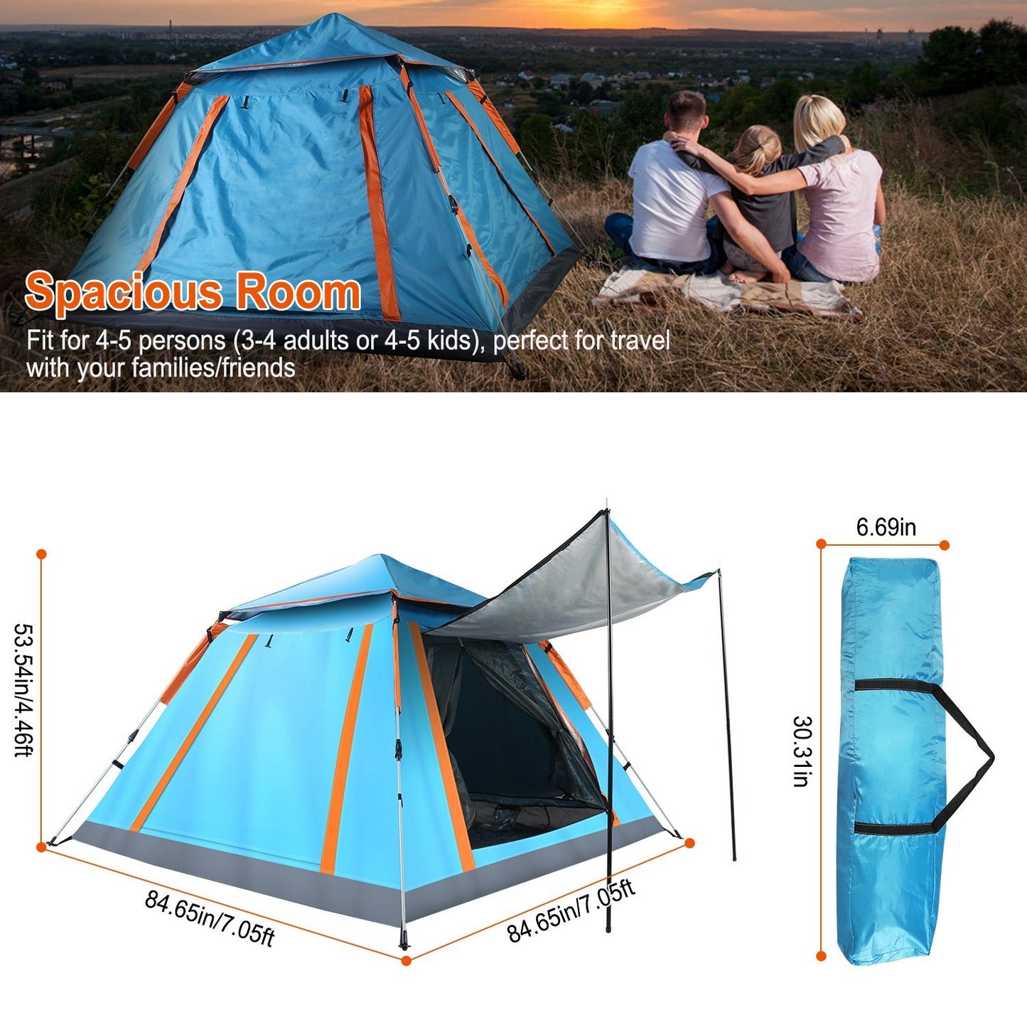 4–5 Person Camping Tent (7.05×7.05×4.46 ft) – Fast Setup, Mosquito - Net Windows, Carry Bag – Blue Camping Gear for 4 - 5 Person (5 view)