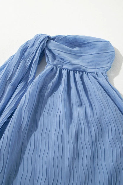 Textured Pleated Tied Mock Neck Flowy Tank Top – Dusty Blue for Shopify Collective (8 view)