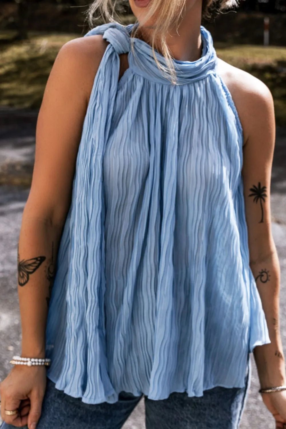 Textured Pleated Tied Mock Neck Flowy Tank Top – Dusty Blue for Shopify Collective (5 view)