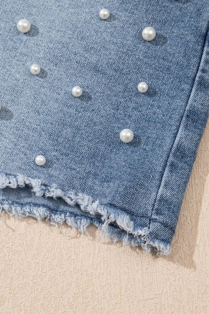 Pearl Beaded Raw Hem Wash Denim Shorts – Medium by Simply Love