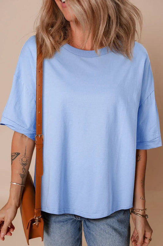 Loose Half Sleeve Hi Low Hem T Shirt – Light Blue for Best Sellers (1 view)