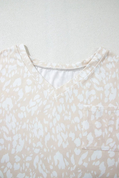 Leopard Print V Neck Side Slit Loose Fit T Shirt – Eggshell for low - stock - alert - sent (7 view)