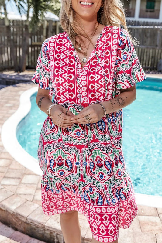 Printed Tie Neck Short Sleeve Dress – Floral for Shopify Collective (2 view)