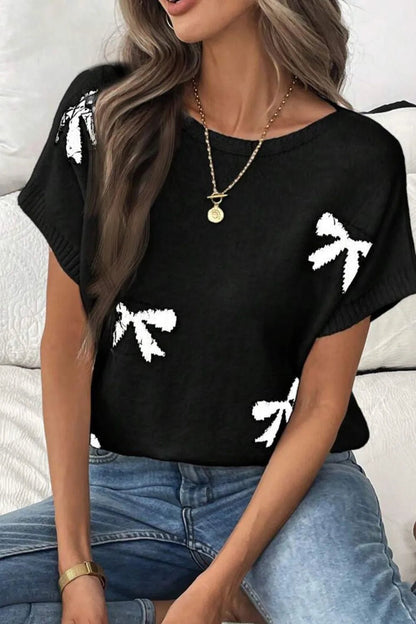 Bow Pattern Knit Short Sleeve Sweater – Black by Simply Love