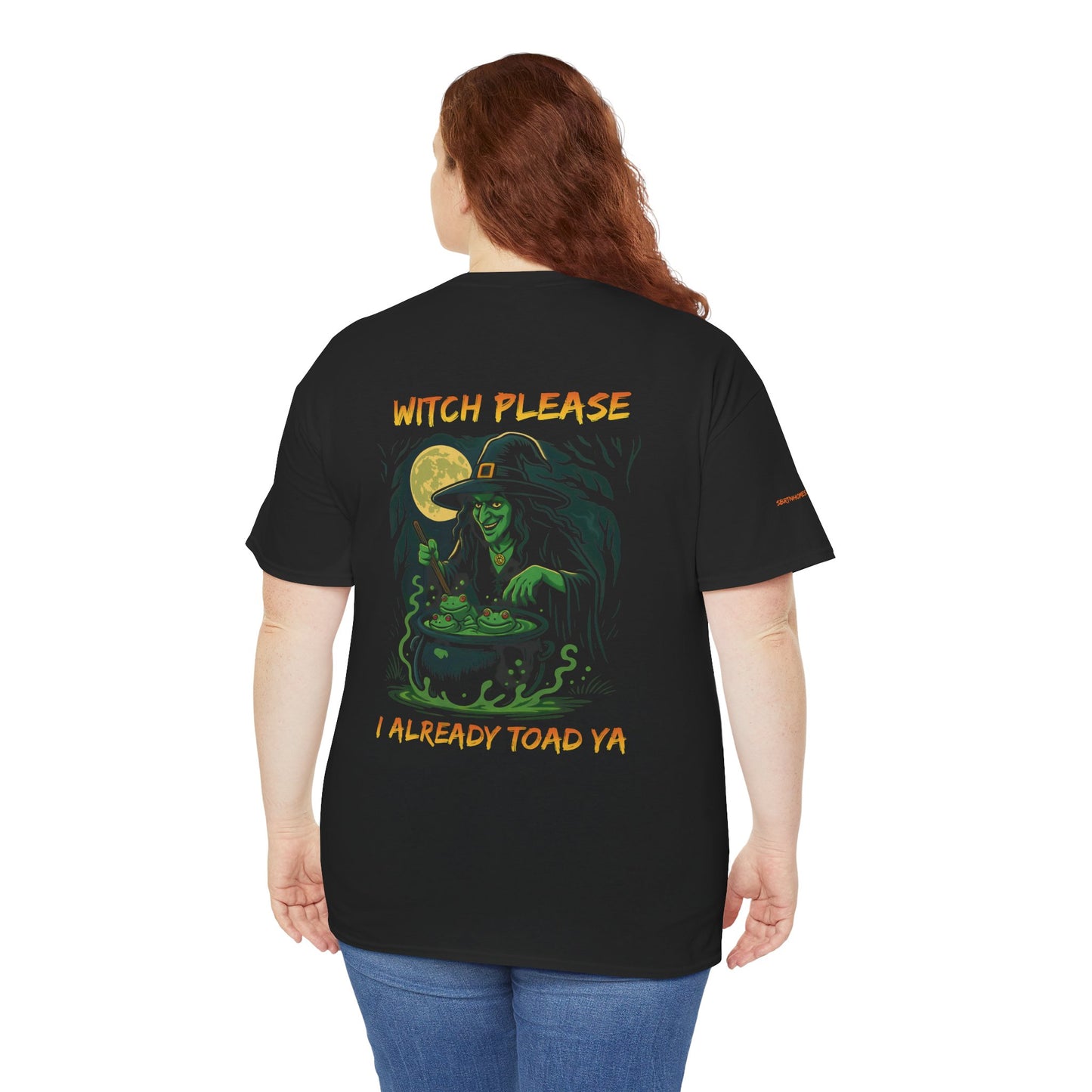 Person wearing a black t-shirt with a witch graphic and text on the back