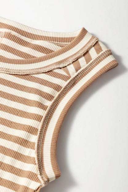 Stripe Exposed Seam Trim Round Neck Sleeveless Top – Khaki for Shopify Collective (10 view)