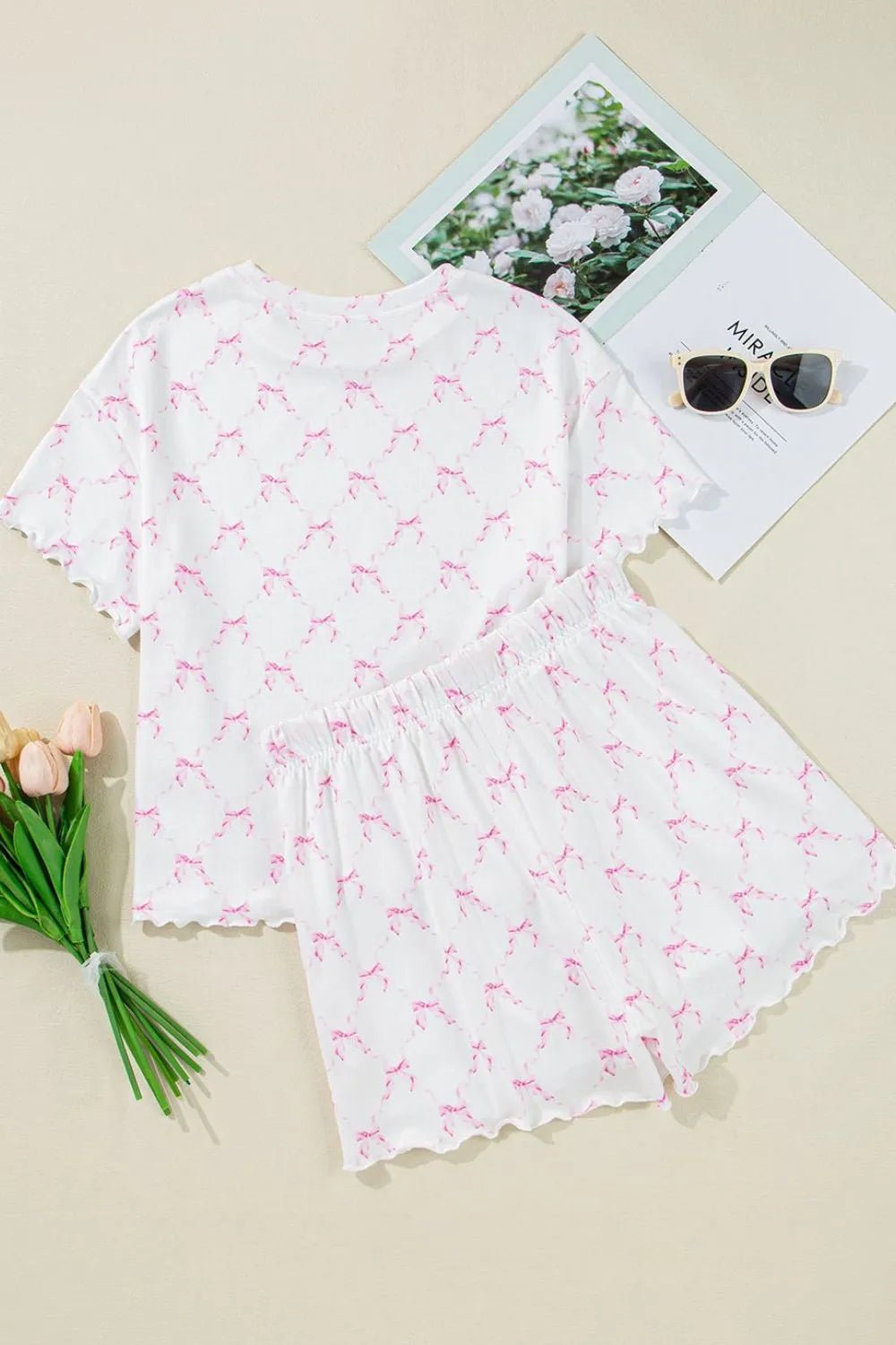 Bow Print Lettuce Trim Round Neck Top and Shorts Lounge Set – Pink for Shopify Collective (7 view)