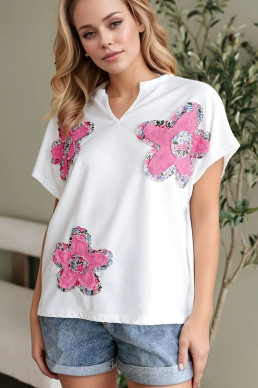 Floral Applique Notched Dolman Sleeve Top – White for Shopify Collective (1 view)