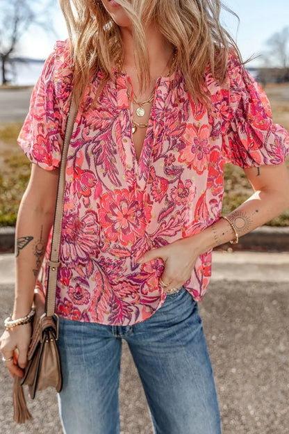 Floral Print Ruffled Puff Short Sleeve Blouse – Strawberry for Shopify Collective (1 view)