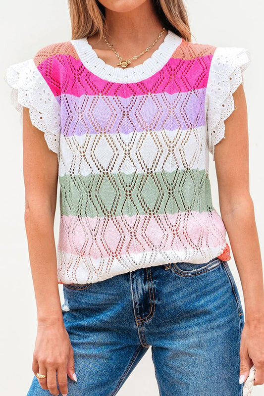 Openwork Round Neck Cap Sleeve Knit Top – Stripe Women's Top for Shopify Collective (1 view)