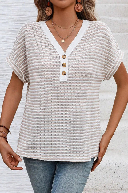 Stripe Buttoned Front V Neck T Shirt – Khaki by Simply Love