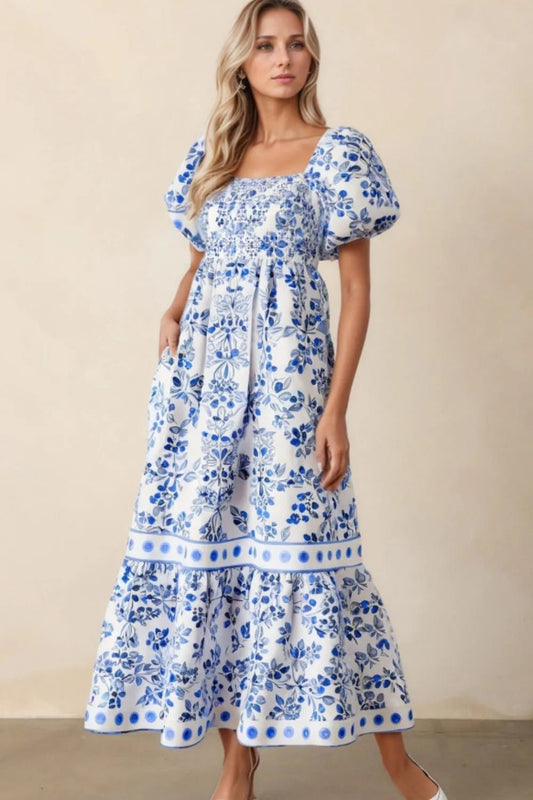 Smocked Printed Square Neck Puff Sleeve Dress – Royal Blue by Simply Love