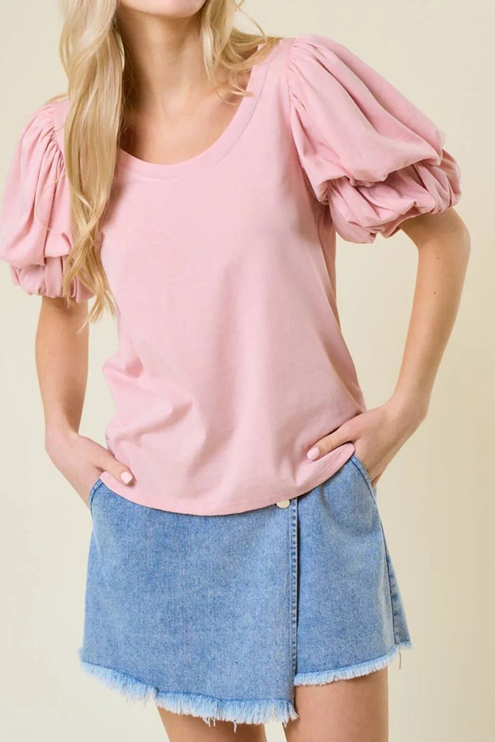 Round Neck Bubble Sleeve Top – Blush Pink by Simply Love