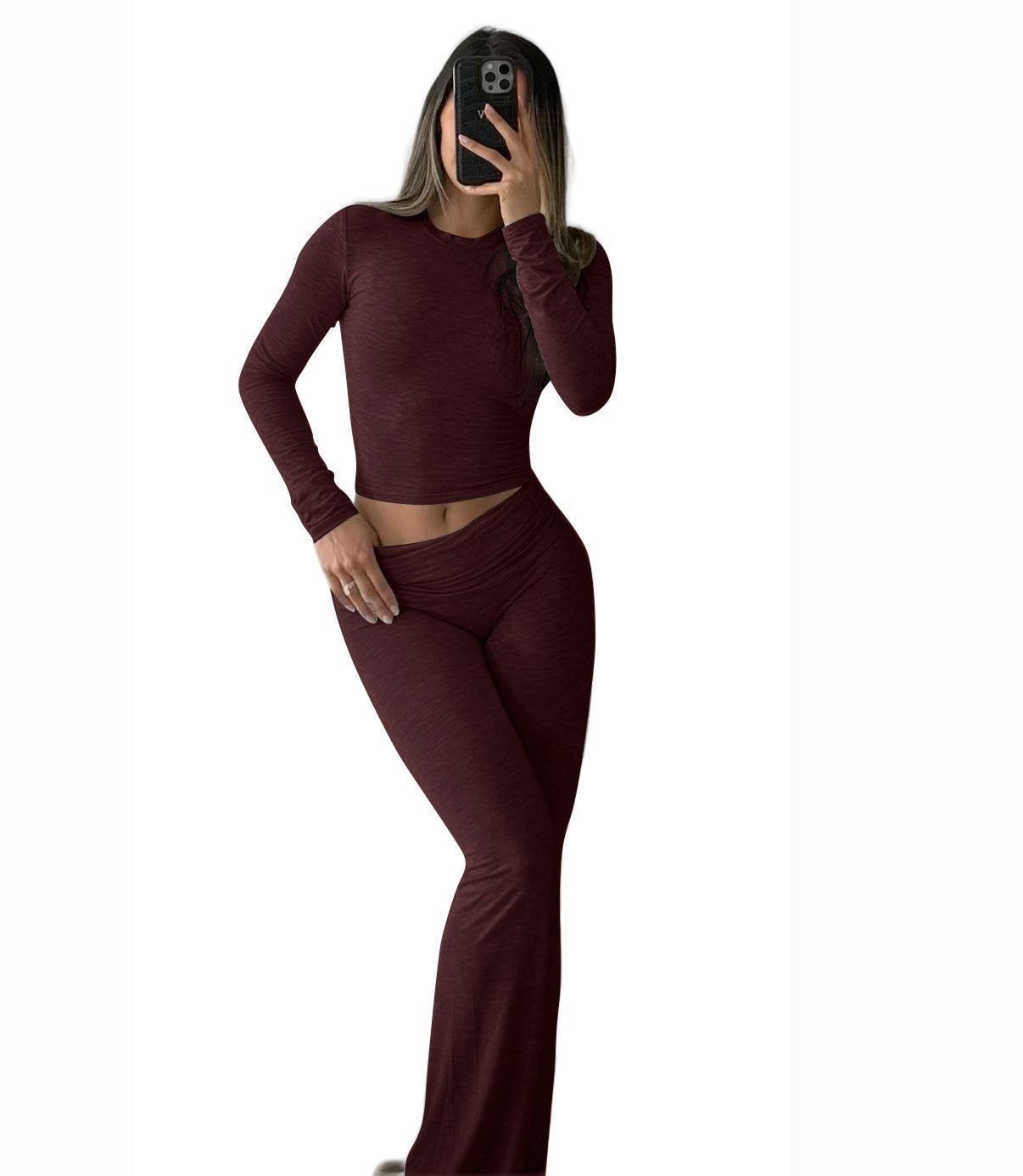 Women’s 2 - Piece Lounge Set – Flared Pants & Long Sleeve Top | Trendy Streetwear & Athleisure – Coffee Leisure wear