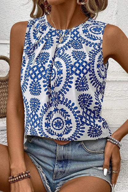 Printed Crew Neck Sleeveless Top – Blue for Shopify Collective (4 view)
