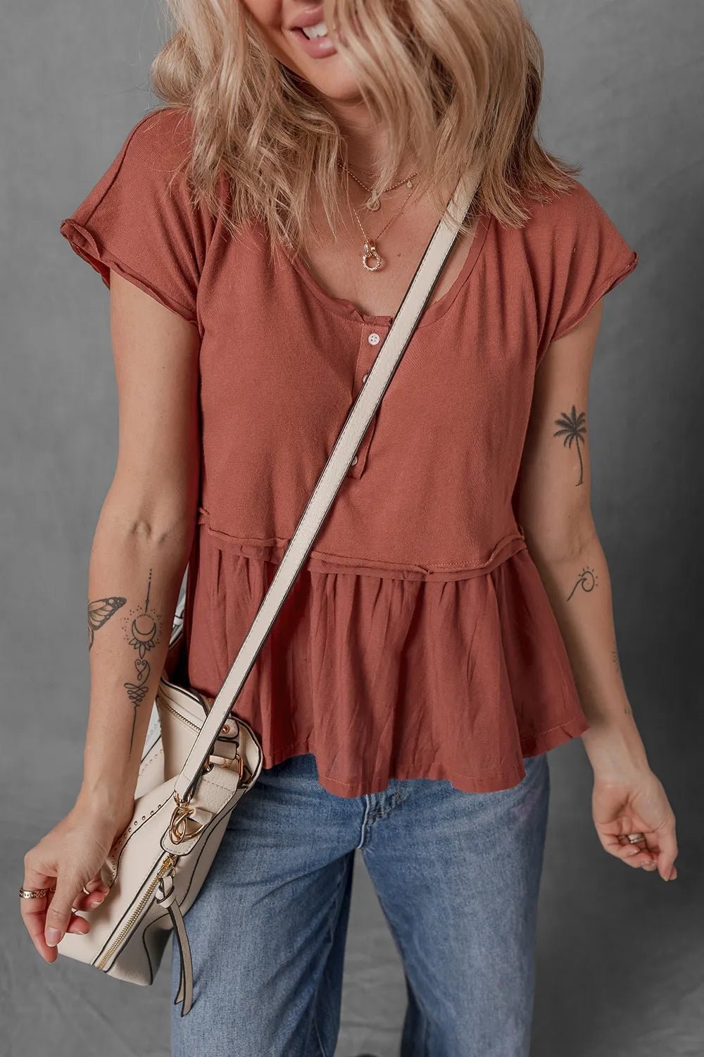 Short Sleeve U Neck Buttons Splicing Ruffle Blouse – Terracotta for Best Sellers (6 view)