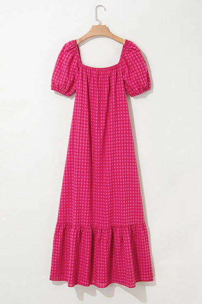 SYNZ Gingham Check Bubble Sleeve Ruffled Maxi Dress – Strawberry for Shopify Collective (5 view)