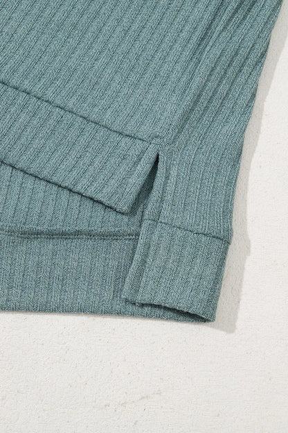 Oversized Ribbed Knit V Neck Dolman Short Sleeve Top – Air Force Blue by Simply Love