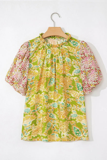 Multicolour Printed Contrast Bubble Sleeve Patchwork Blouse – Floral Top for Shopify Collective (4 view)