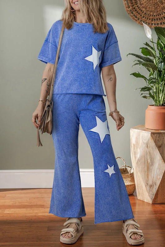 Acid Wash Star Patched Rolled Trim Top and Pants Set – Dusty Blue for Shopify Collective (1 view)