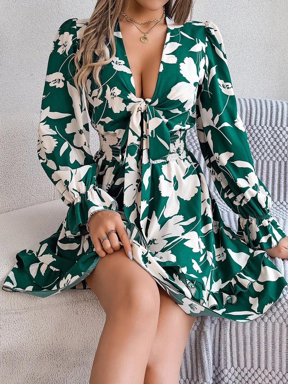 Tied Ruffled Printed Long Sleeve Dress – Dark Green Women's Top for Shopify Collective (12 view)