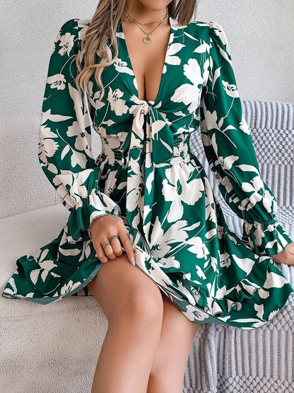 Tied Ruffled Printed Long Sleeve Dress – Dark Green Women's Top for Shopify Collective (12 view)