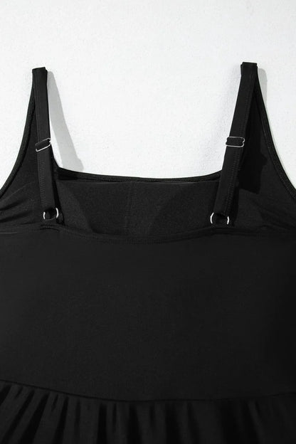 Side Tied Waist Square Neck Adjustable Straps A - line One Piece Swim Dress – Black by Simply Love