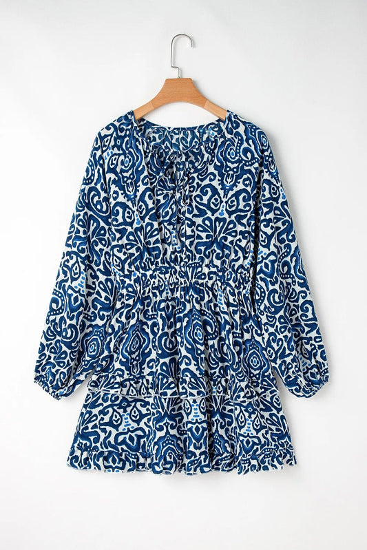 Printed Tie Neck Long Sleeve Dress – Peacock Blue for Shopify Collective (2 view)