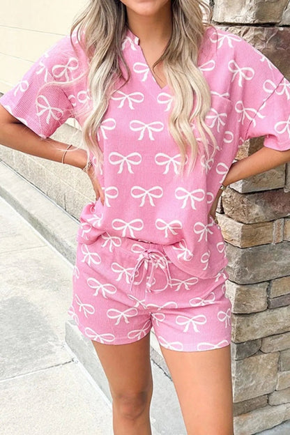 Bowknot Printed Notched T-Shirt and Shorts Set – Pink for Shopify Collective (7 view)