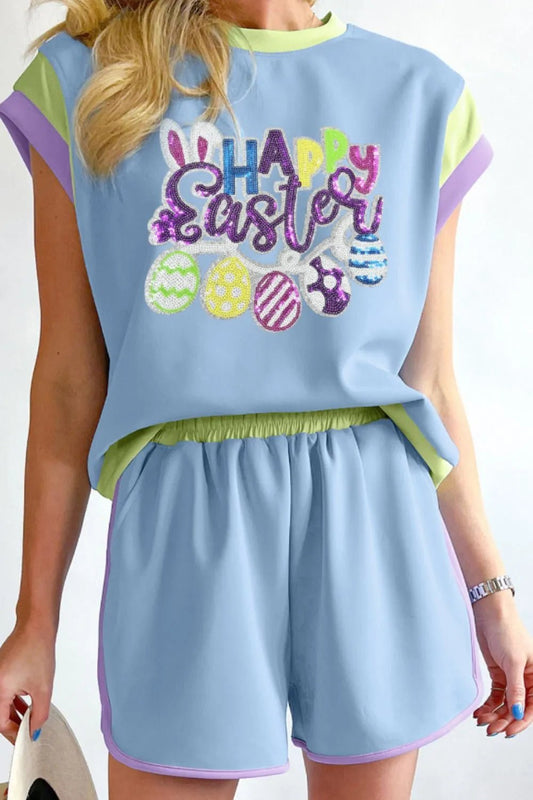 HAPPY EASTER Sequin Round Neck Top and Short Set – Light Blue for Shopify Collective (1 view)