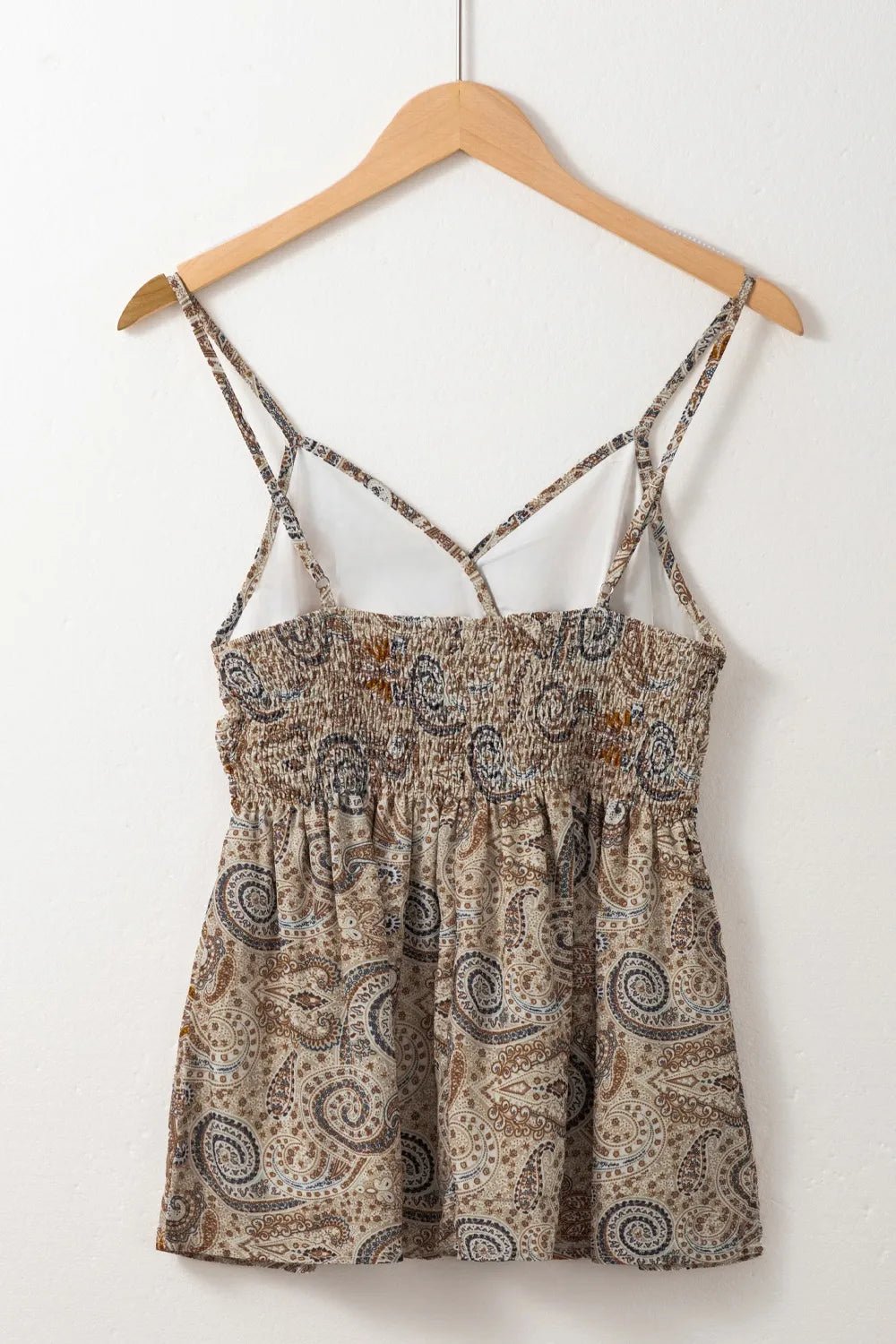 Paisley Printed Smocked Babydoll Cami – Khaki by Simply Love