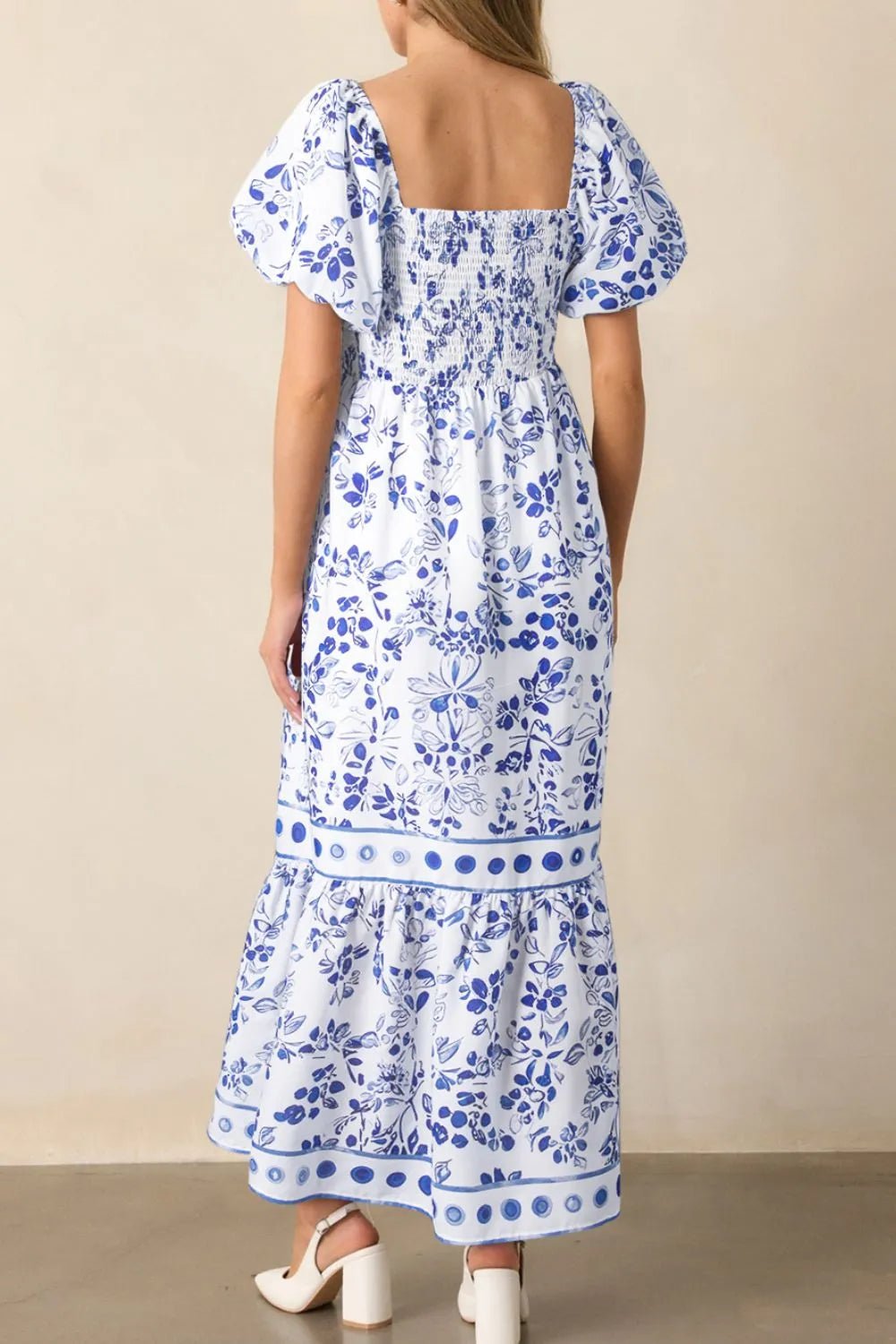 Smocked Printed Square Neck Puff Sleeve Dress – Royal Blue by Simply Love