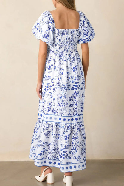 Smocked Printed Square Neck Puff Sleeve Dress – Royal Blue by Simply Love