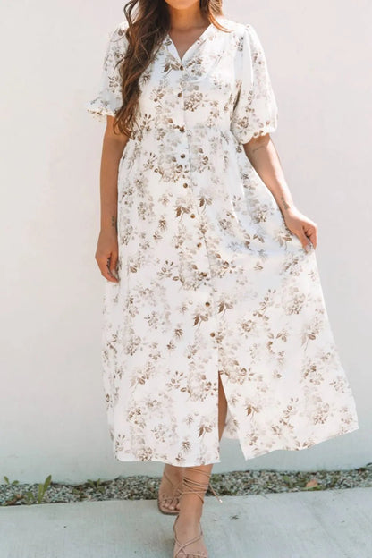 Printed Button Front Puff Sleeve Dress – White for Shopify Collective (5 view)