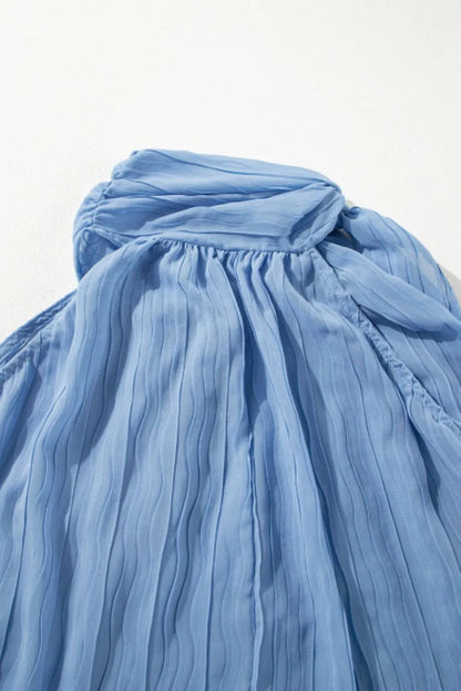 Textured Pleated Tied Mock Neck Flowy Tank Top – Dusty Blue for Shopify Collective (9 view)