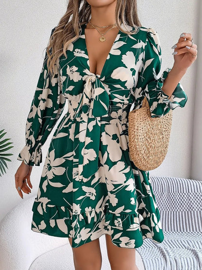Tied Ruffled Printed Long Sleeve Dress – Dark Green Women's Top for Shopify Collective (11 view)