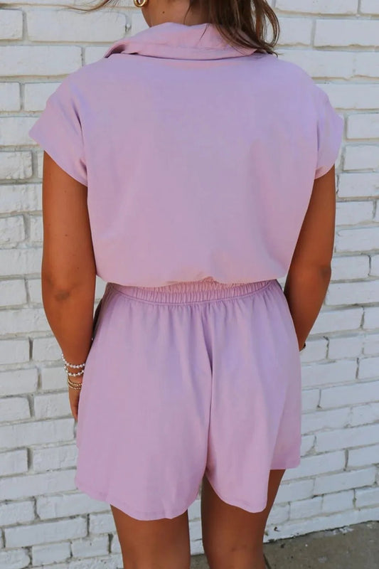 Short Sleeve Zipper Collared Elastic High Waist Romper – Lilac for Shopify Collective (2 view)