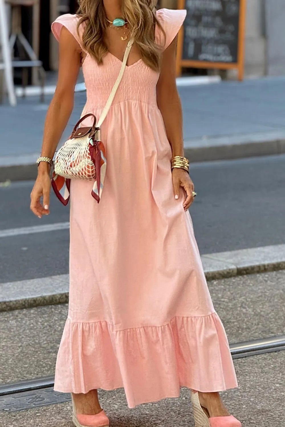 V Neck Ruffled Cap Sleeve Smocked Maxi Dress – Watermelon pink for Shopify Collective (10 view)