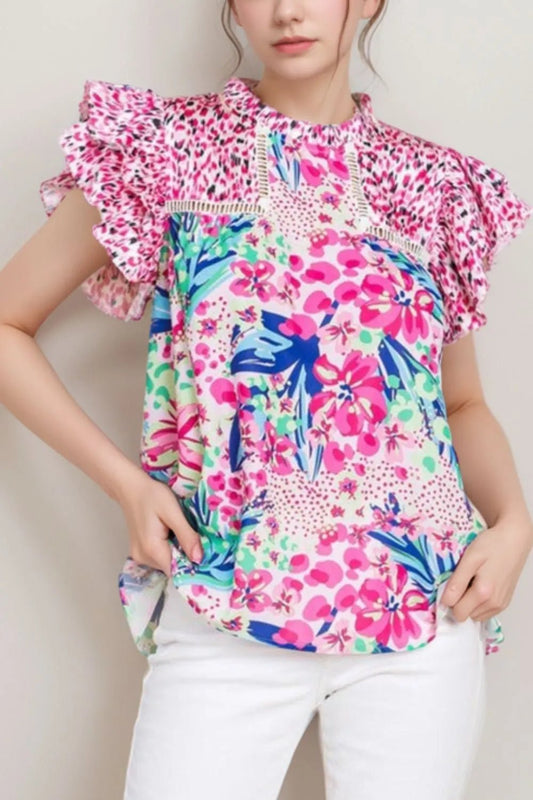 Floral Mixed Print Ruffle Cap Sleeve Blouse – Pink by Simply Love