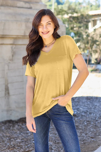Basic Bae Bamboo Full Size V - Neck Short Sleeve T-Shirt – Yellow for Shopify Collective (27 view)
