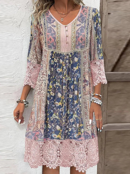 Full Size Lace Detail Printed Three - Quarter Sleeve Dress – Blush Pink for Shopify Collective (1 view)