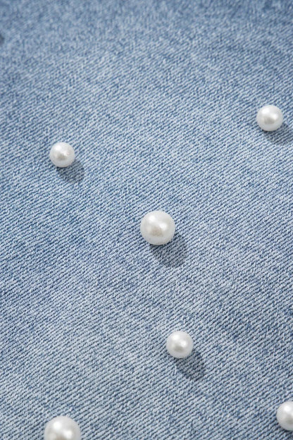 Pearl Beaded Raw Hem Wash Denim Shorts – Medium by Simply Love