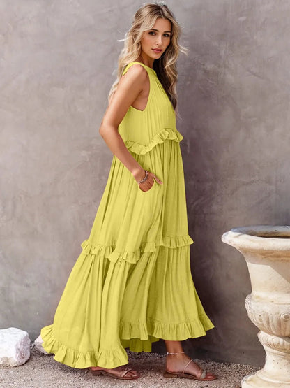 Ruffled Sleeveless Tiered Maxi Dress with Pockets – Chartreuse for Shopify Collective (5 view)