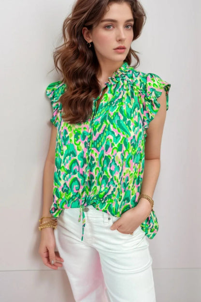 Abstract Print Ruffled Trim Tie Neck Top – Green by Simply Love